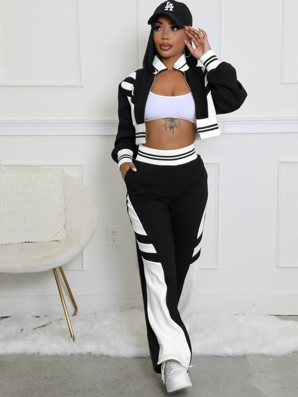 Color Block Stitching Contrast Wide Leg Flared Pants Two-Piece Set