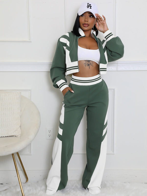 Color Block Stitching Contrast Wide Leg Flared Pants Two-Piece Set