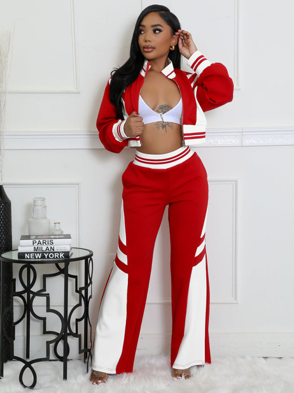 Color Block Stitching Contrast Wide Leg Flared Pants Two-Piece Set