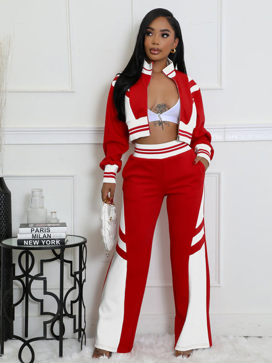 Color Block Stitching Contrast Wide Leg Flared Pants Two-Piece Set