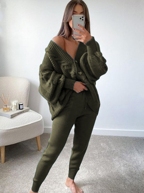 Women's V-Neck Solid Color Sweater Suit with Knitted Pants – Chic and Comfortable Set