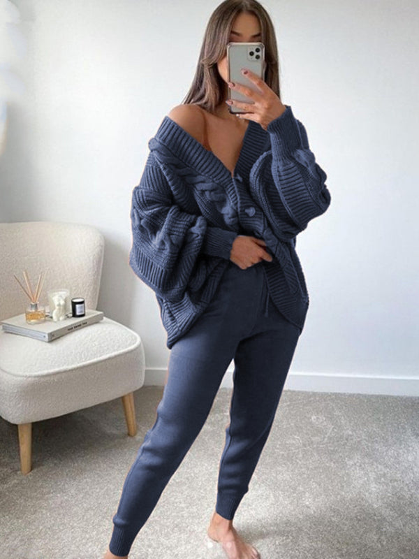 Women's V-Neck Solid Color Sweater Suit with Knitted Pants – Chic and Comfortable Set