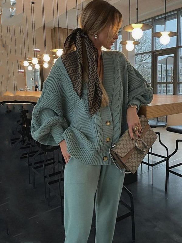 Women's V-Neck Solid Color Sweater Suit with Knitted Pants – Chic and Comfortable Set