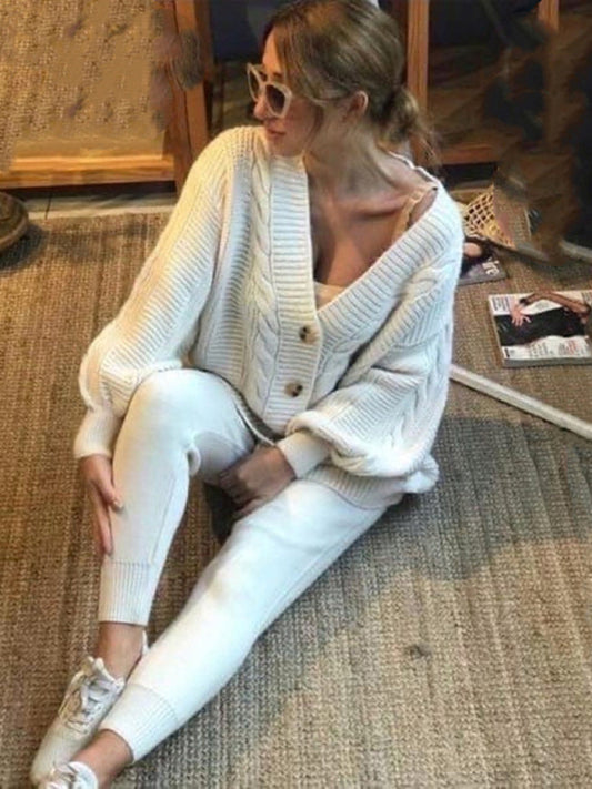 Women's V-Neck Solid Color Sweater Suit with Knitted Pants – Chic and Comfortable Set