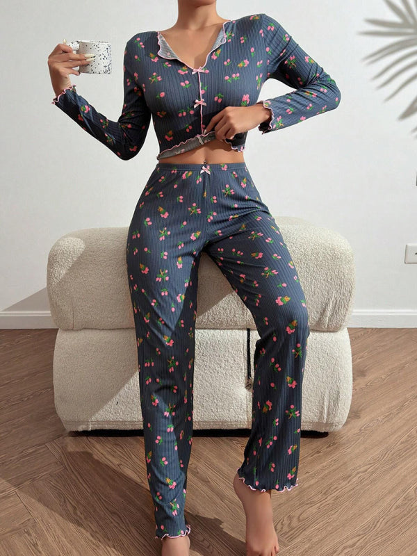 Women's home wear casual printed trousers long sleeve suit