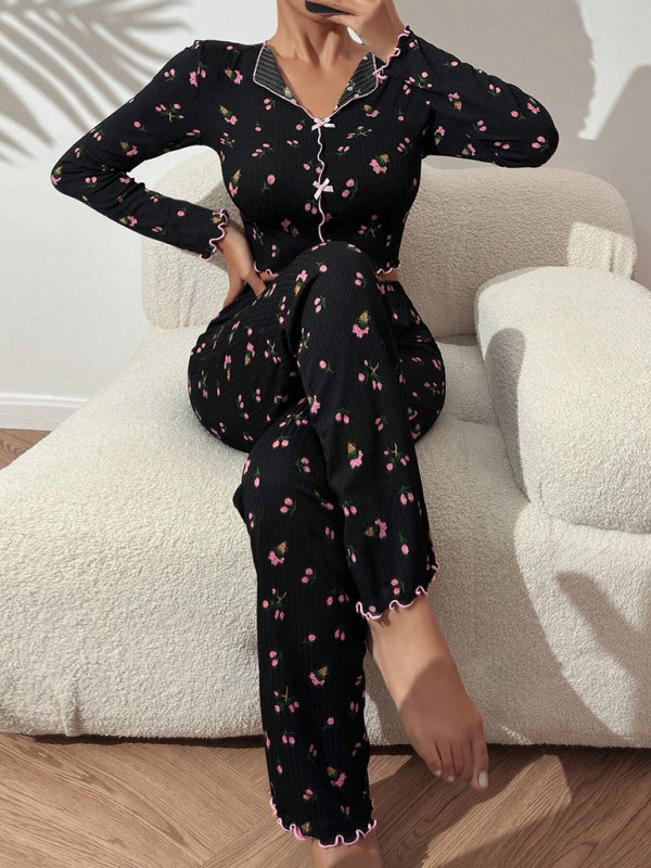 Women's home wear casual printed trousers long sleeve suit