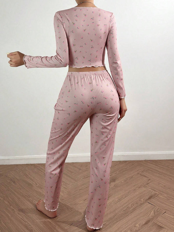 Women's home wear casual printed trousers long sleeve suit