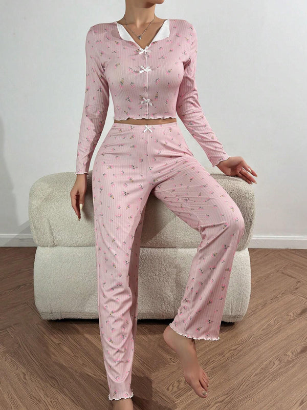 Women's home wear casual printed trousers long sleeve suit