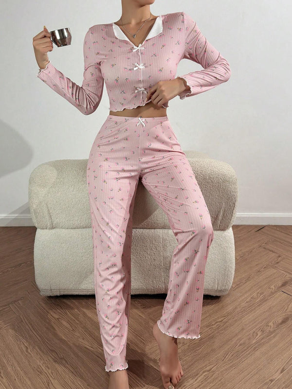 Women's home wear casual printed trousers long sleeve suit