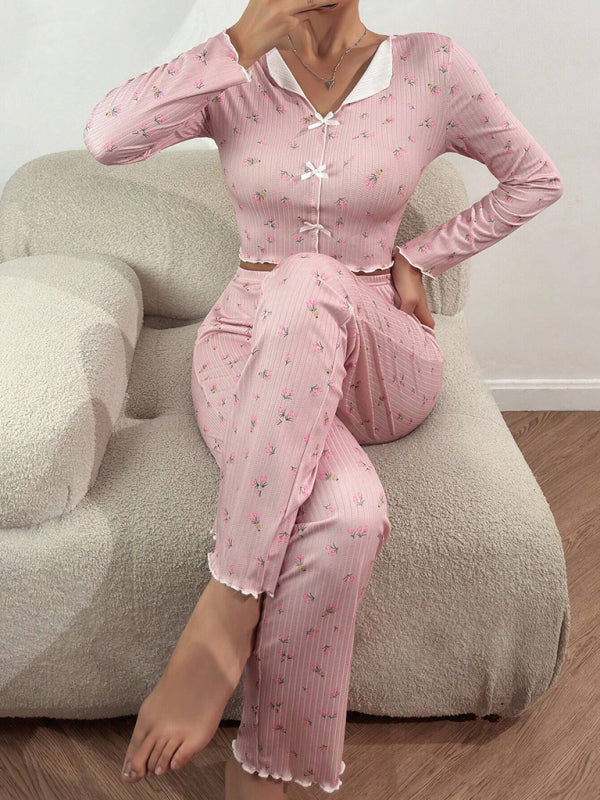 Women's home wear casual printed trousers long sleeve suit