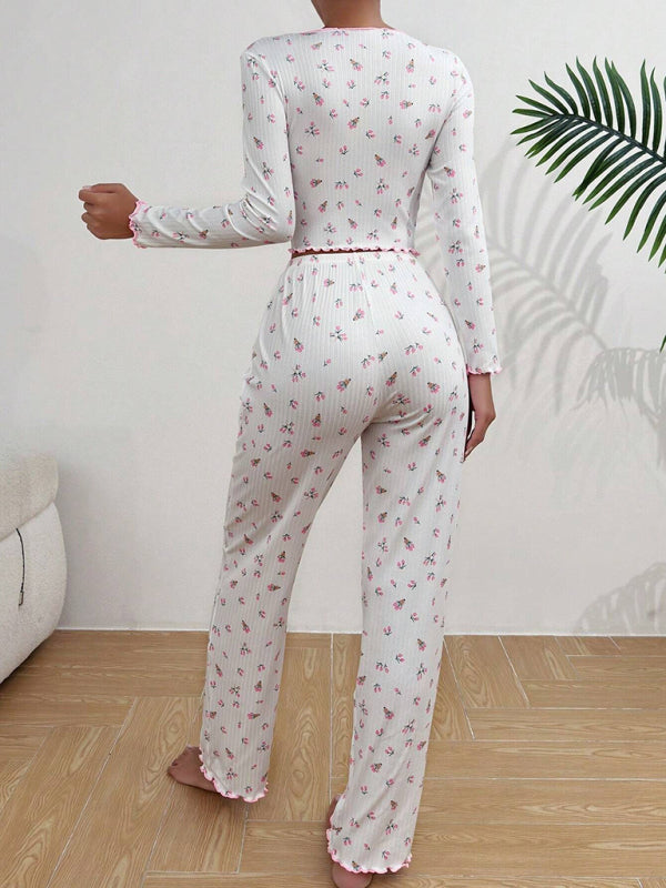 Women's home wear casual printed trousers long sleeve suit