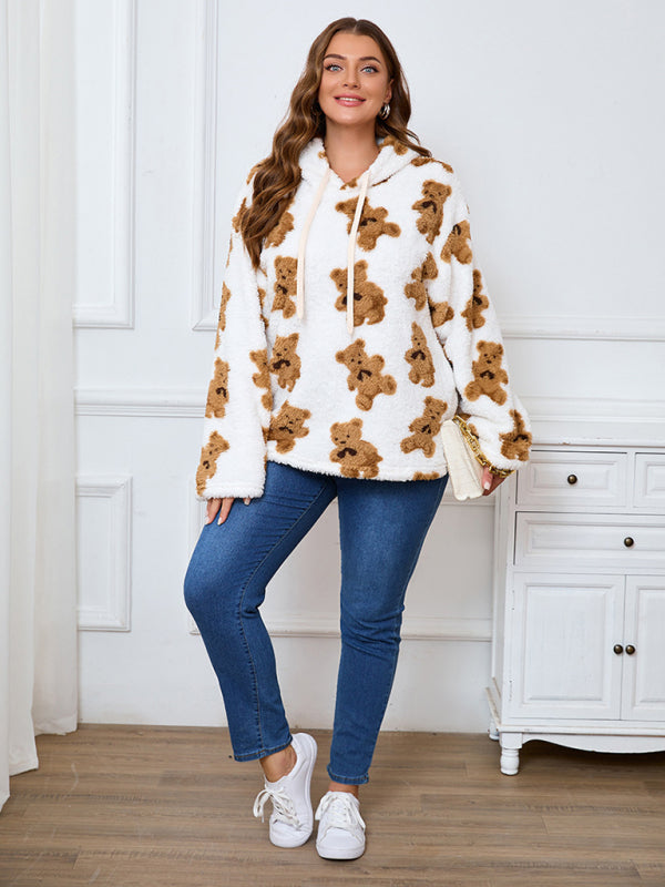 Plus-Size Women's Loose-Fit Casual Cow Plush Long-Sleeve Hooded Sweatshirt