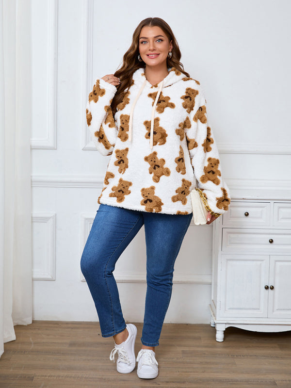 Plus-Size Women's Loose-Fit Casual Cow Plush Long-Sleeve Hooded Sweatshirt