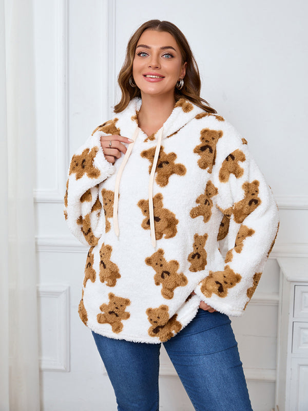 Plus-Size Women's Loose-Fit Casual Cow Plush Long-Sleeve Hooded Sweatshirt