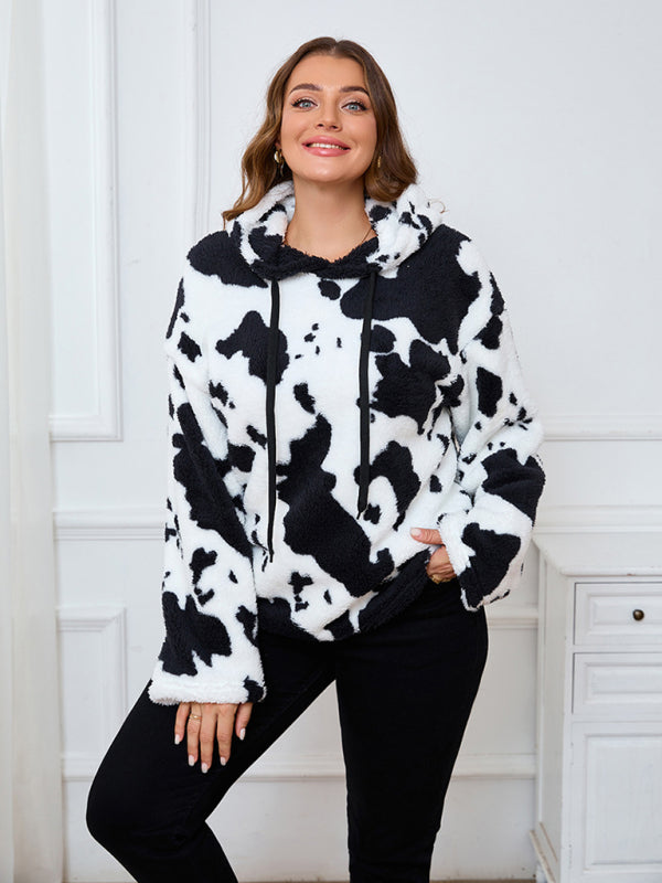 Plus-Size Women's Loose-Fit Casual Cow Plush Long-Sleeve Hooded Sweatshirt