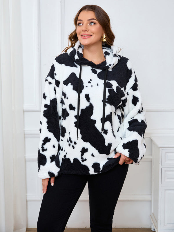 Plus-Size Women's Loose-Fit Casual Cow Plush Long-Sleeve Hooded Sweatshirt