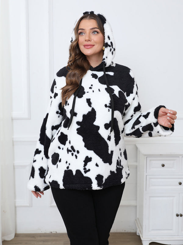 Plus-Size Women's Loose-Fit Casual Cow Plush Long-Sleeve Hooded Sweatshirt