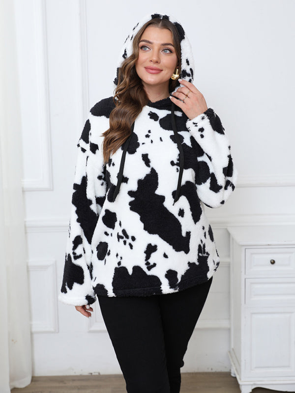 Plus-Size Women's Loose-Fit Casual Cow Plush Long-Sleeve Hooded Sweatshirt