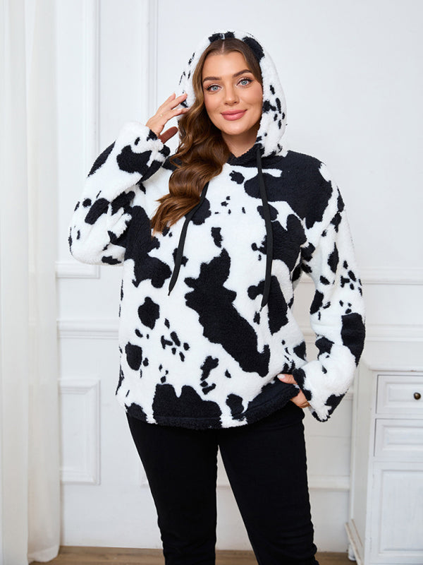 Plus-Size Women's Loose-Fit Casual Cow Plush Long-Sleeve Hooded Sweatshirt