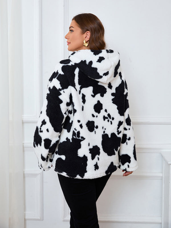 Plus-Size Women's Loose-Fit Casual Cow Plush Long-Sleeve Hooded Sweatshirt