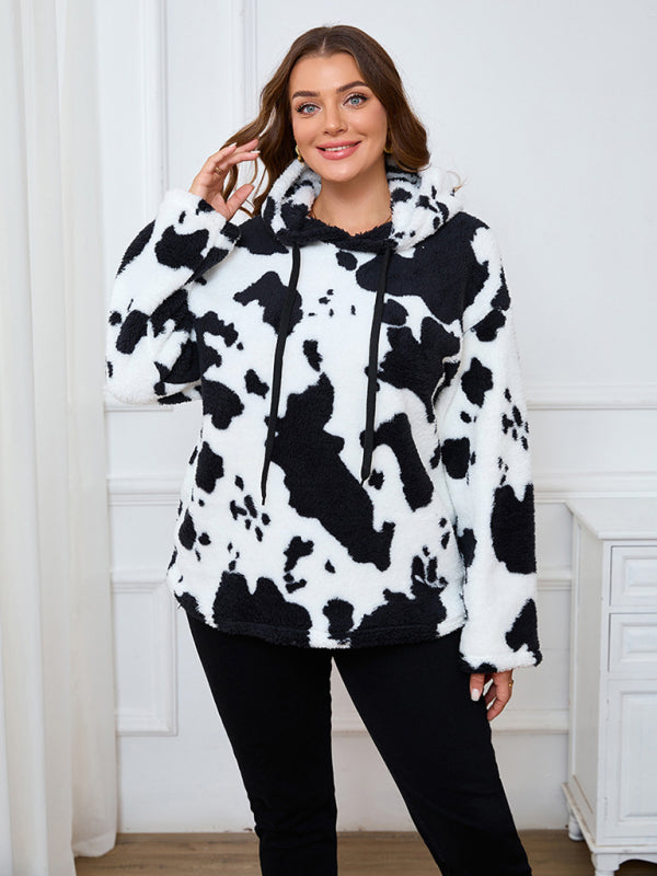 Plus-Size Women's Loose-Fit Casual Cow Plush Long-Sleeve Hooded Sweatshirt