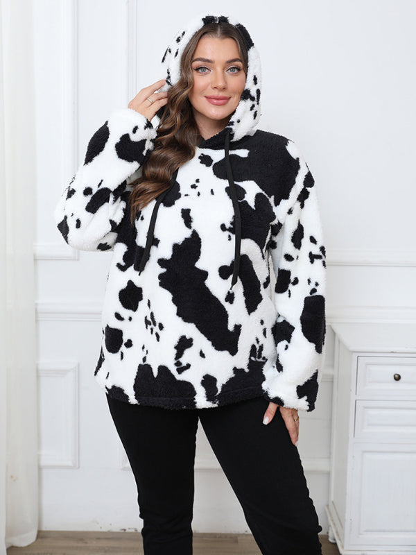 Plus-Size Women's Loose-Fit Casual Cow Plush Long-Sleeve Hooded Sweatshirt