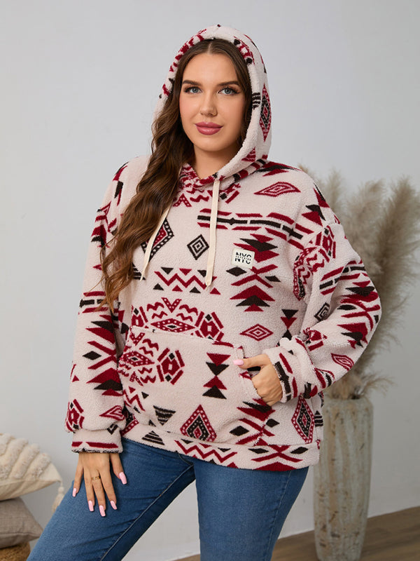 Plus Size Women's Loose Fit Casual Geometric Pattern Thick Plush Sweatshirt Jacket