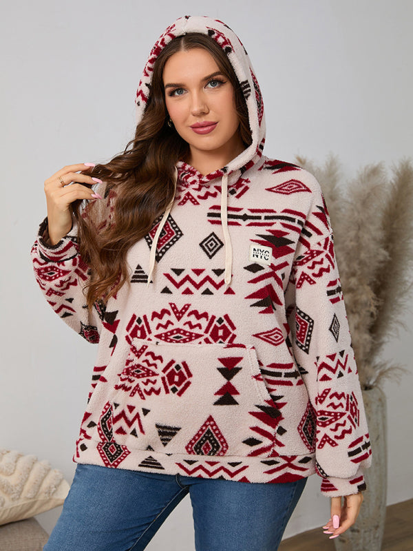 Plus Size Women's Loose Fit Casual Geometric Pattern Thick Plush Sweatshirt Jacket