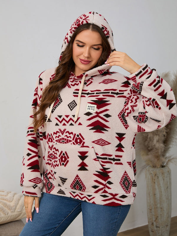 Plus Size Women's Loose Fit Casual Geometric Pattern Thick Plush Sweatshirt Jacket