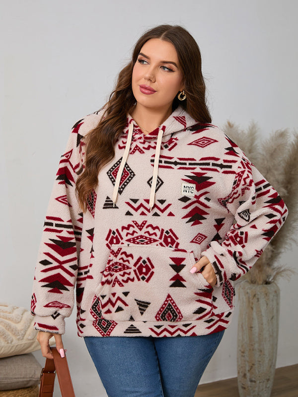 Plus Size Women's Loose Fit Casual Geometric Pattern Thick Plush Sweatshirt Jacket