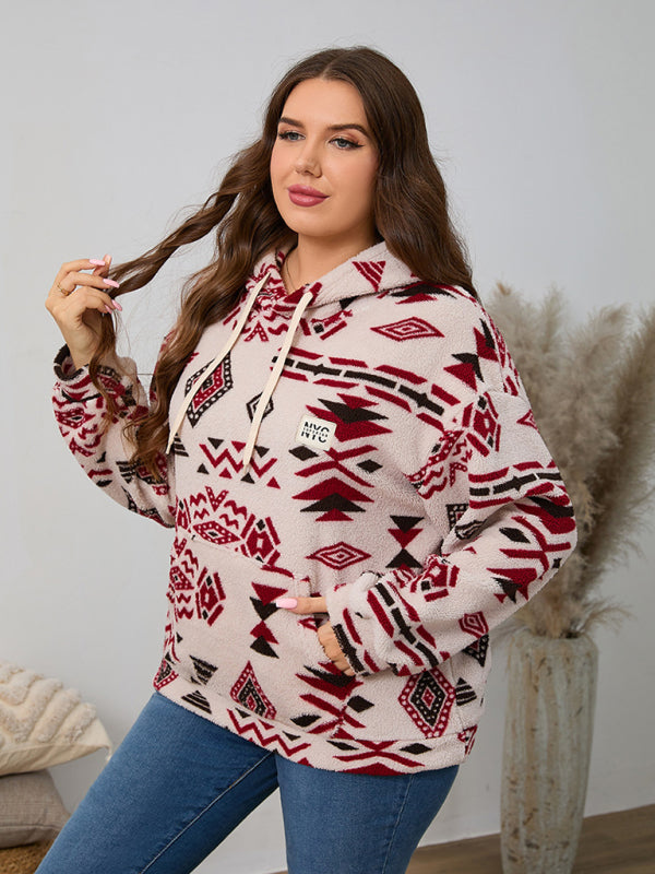 Plus Size Women's Loose Fit Casual Geometric Pattern Thick Plush Sweatshirt Jacket