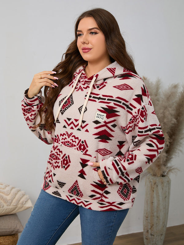 Plus Size Women's Loose Fit Casual Geometric Pattern Thick Plush Sweatshirt Jacket