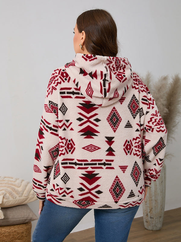 Plus Size Women's Loose Fit Casual Geometric Pattern Thick Plush Sweatshirt Jacket