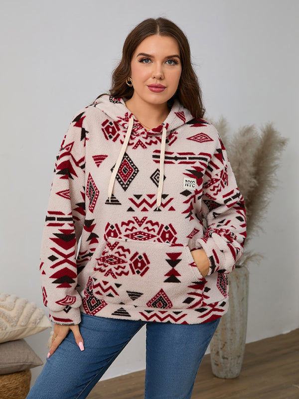 Plus Size Women's Loose Fit Casual Geometric Pattern Thick Plush Sweatshirt Jacket