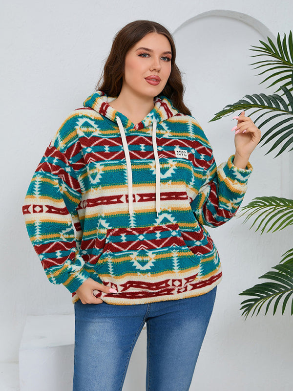 Plus Size Women's Loose Fit Casual Geometric Pattern Thick Plush Sweatshirt Jacket