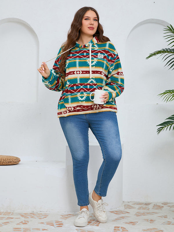 Plus Size Women's Loose Fit Casual Geometric Pattern Thick Plush Sweatshirt Jacket