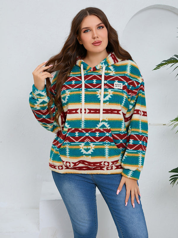 Plus Size Women's Loose Fit Casual Geometric Pattern Thick Plush Sweatshirt Jacket