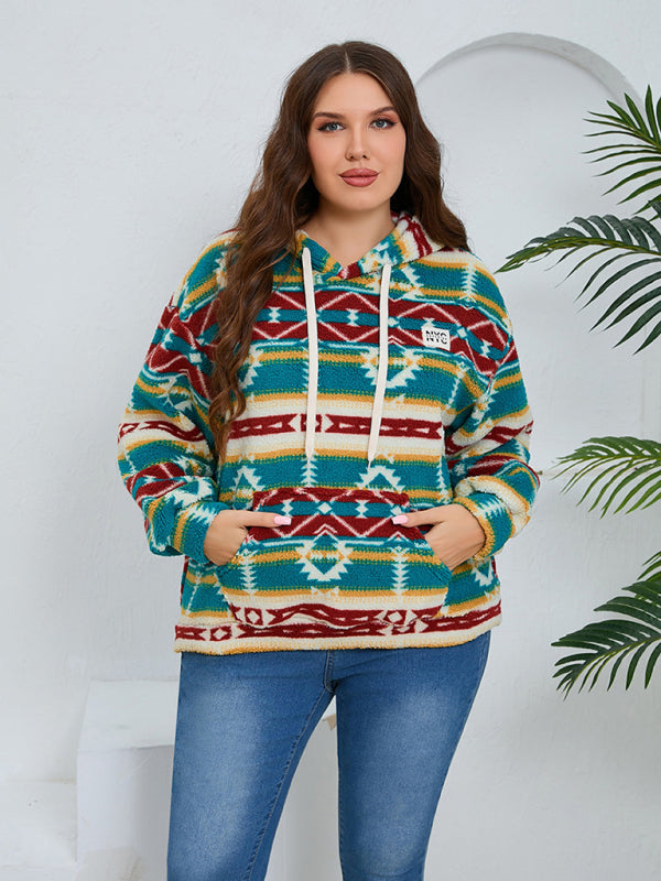 Plus Size Women's Loose Fit Casual Geometric Pattern Thick Plush Sweatshirt Jacket