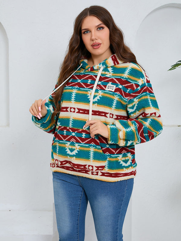 Plus Size Women's Loose Fit Casual Geometric Pattern Thick Plush Sweatshirt Jacket