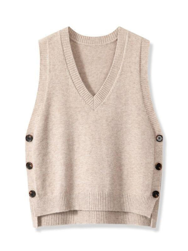 New Retro V-Neck Knitted Vest – Solid Color Casual Sweater Top