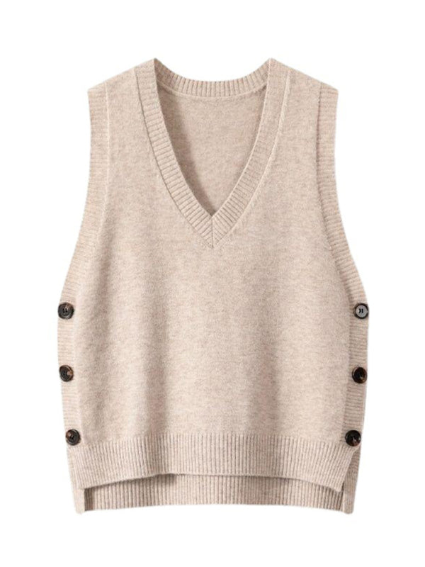 New Retro V-Neck Knitted Vest – Solid Color Casual Sweater Top