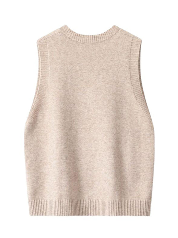 New Retro V-Neck Knitted Vest – Solid Color Casual Sweater Top