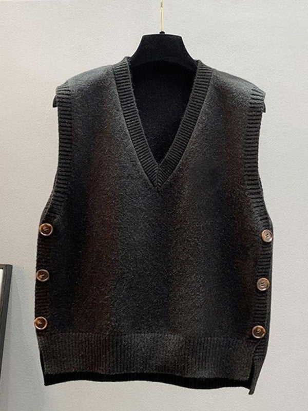 New Retro V-Neck Knitted Vest – Solid Color Casual Sweater Top