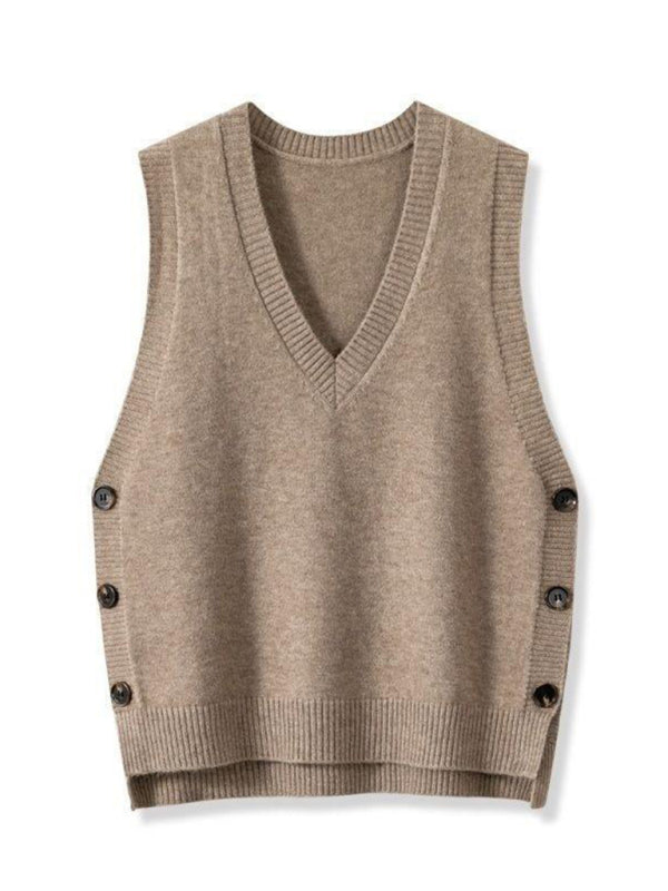 New Retro V-Neck Knitted Vest – Solid Color Casual Sweater Top