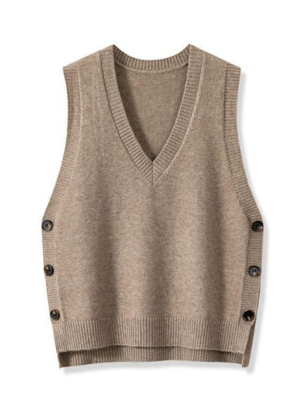 New Retro V-Neck Knitted Vest – Solid Color Casual Sweater Top