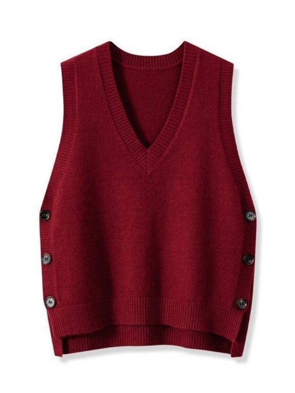 New Retro V-Neck Knitted Vest – Solid Color Casual Sweater Top