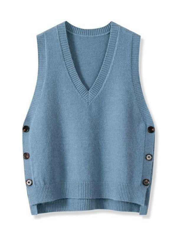 New Retro V-Neck Knitted Vest – Solid Color Casual Sweater Top