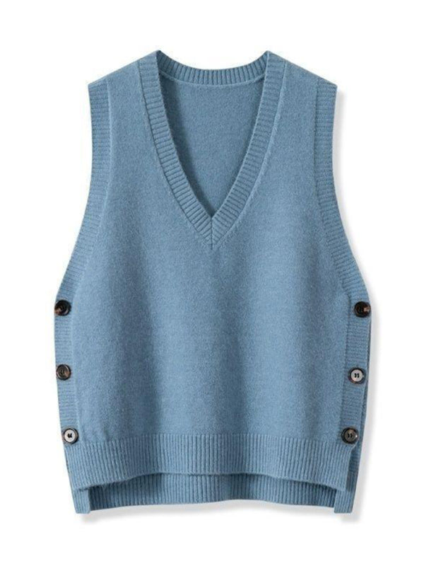 New Retro V-Neck Knitted Vest – Solid Color Casual Sweater Top