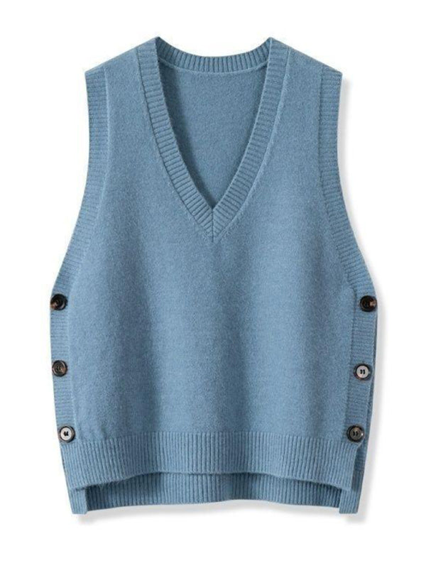 New Retro V-Neck Knitted Vest – Solid Color Casual Sweater Top