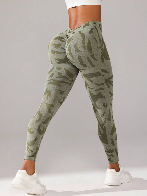 V-Waist Camouflage Peach Hip Sports Trousers – Seamless Yoga & Fitness Pants